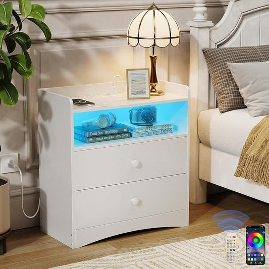Nightstand with Charging Station and LED Light, Modern Nightstand with USB by MEMOBARCO