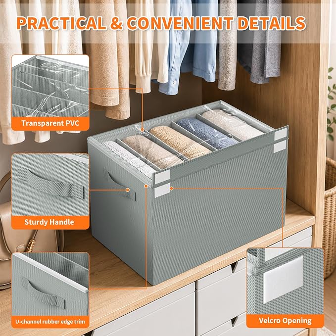 Aokeyee 4 Packs Grey Clothes Organizer 5 Divided Wardrobe Closet Storage | - Image 4