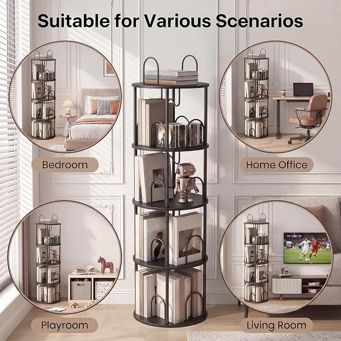 4 Tier Rotating Bookshelf, 360° Spinning Bookshelf Tower, Narrow Corner Book - Image 7