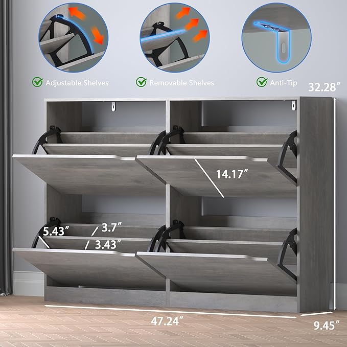 BORNOON Shoe Cabinet with 4 Flip Drawers, Narrow Hidden Shoe Storage Cabinet - Image 2