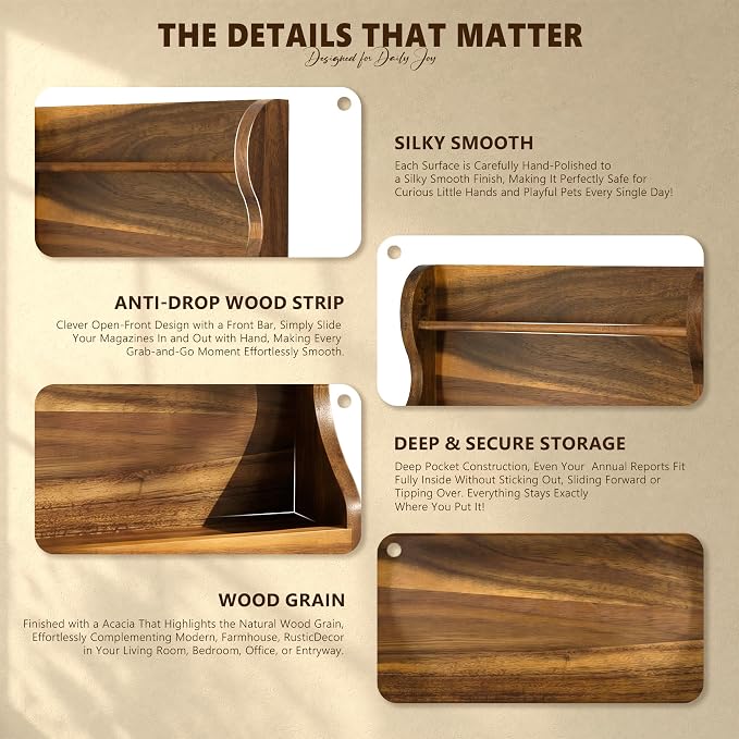 Rebee Vision Acacia Wood Mail Organizer Wall Mount - Image 6