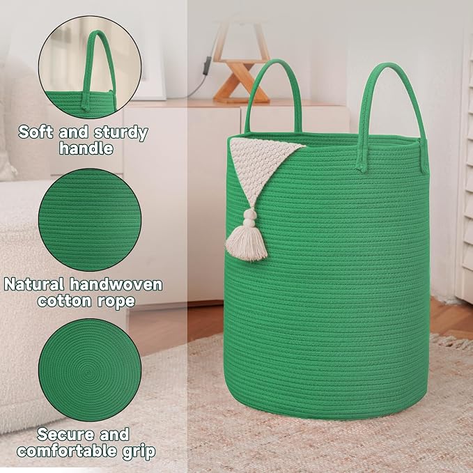 Large Woven Laundry Basket Hamper, 60L Cotton Rope Storage Bin - Image 6