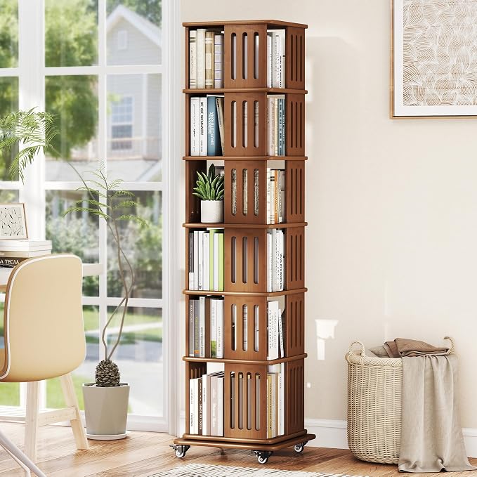Baoz 71" Tall Rotating Bookshelf Tower, 6 Tier Spinning Bookcase, Walnut | 360° by Baoz