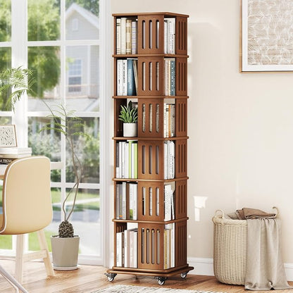 Baoz 71" Tall Rotating Bookshelf Tower, 6 Tier Spinning Bookcase, Walnut | 360° by Baoz