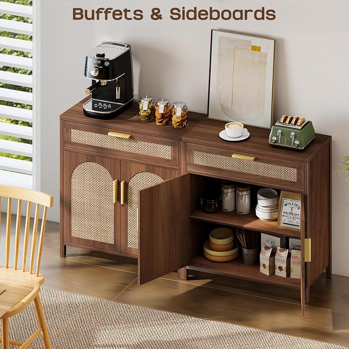 Rattan Buffet Cabinet with Storage, Sideboard Cabinet with Doors and Shelves - Image 7