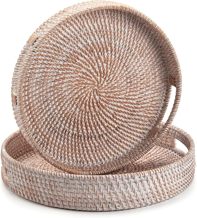 Round Rattan Serving Tray Decorative Woven Ottoman Trays - Image 6