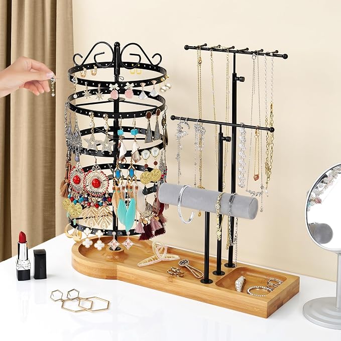 Jewelry Organizer Stand with Bamboo Base, Metal Rotating Earring Holder - Image 2