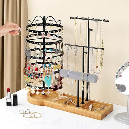 Jewelry Organizer Stand with Bamboo Base, Metal Rotating Earring Holder - Image 2