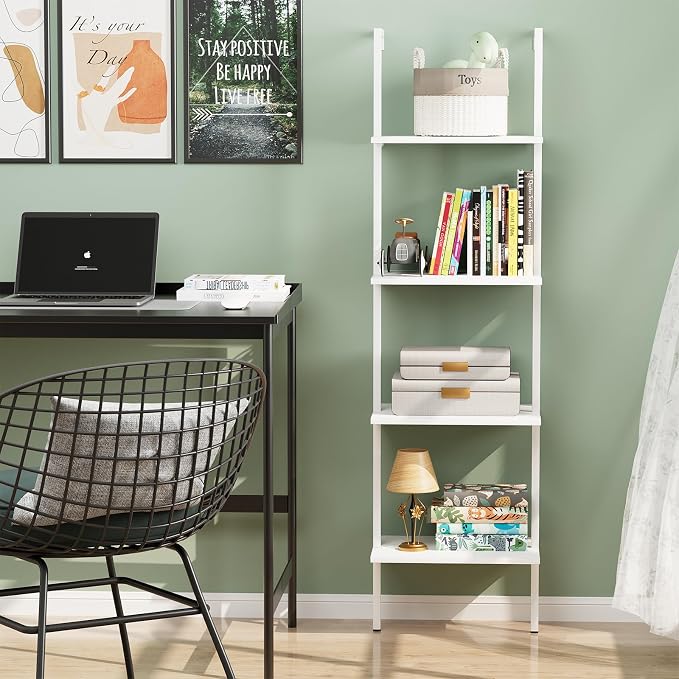 Ladder Shelf 4 Tiers Metal Industrial Bookshelf, Wall Mount Wide Bookcase - Image 8