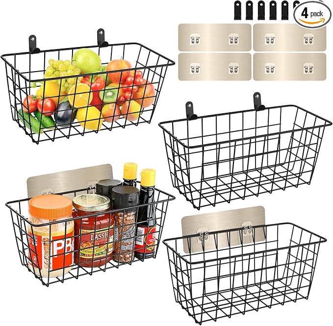 4 Pack Hanging Wall Basket Wire Storage Baskets, Adhesive Basket by Ptinyiv