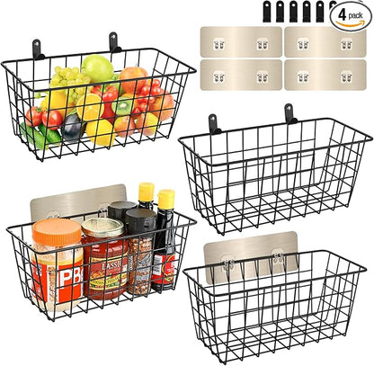 4 Pack Hanging Wall Basket Wire Storage Baskets, Adhesive Basket by Ptinyiv