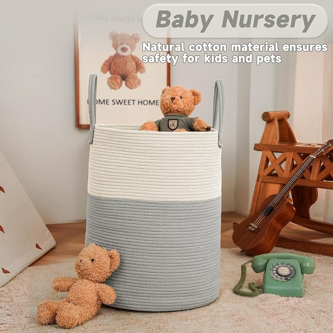 Large Woven Laundry Basket Hamper, 60L Cotton Rope Storage Bin - Image 2
