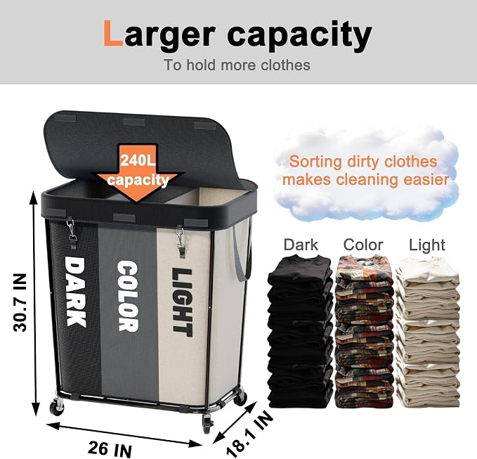 Laundry Sorter with Wheels 240L Rolling Laundry Cart, 3 Compartment Designed - Image 2