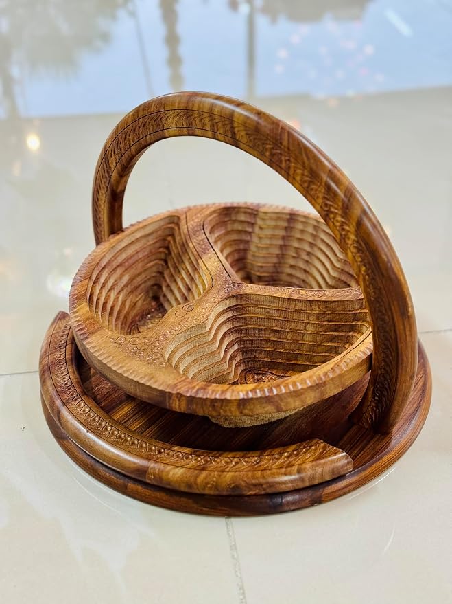 Handmade 12″ Collapsible Wooden Basket, 3-Compartment Angel Wings Design in - Image 4