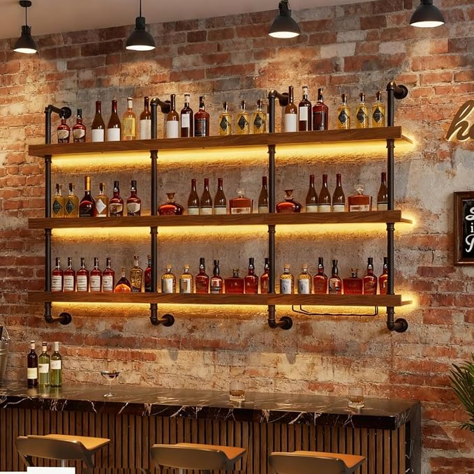 55.1in Large Wine Rack with LED Light Solid Wood Wall Mounted Wine Rack - Image 6