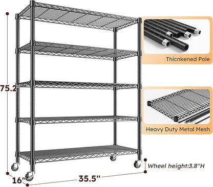 REIBII Storage Shelves with Wheels Wide Wire Shelving Unit with Wheels 75.2"H - Image 3