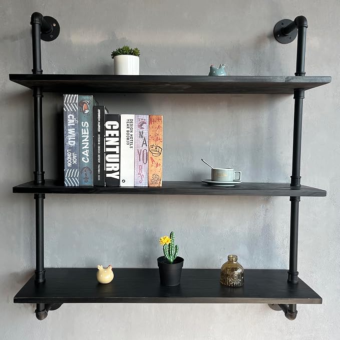 HDDFER Industrial Pipe Shelf Shelving Bookcase, Wall Mounted Rustic Bookshelf by industrialpipeshelving