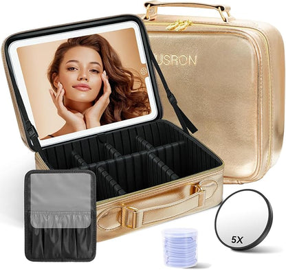 JUSRON Travel Makeup Bag With LED Mirror, Cosmetic Train Case with Light up by JUSRON