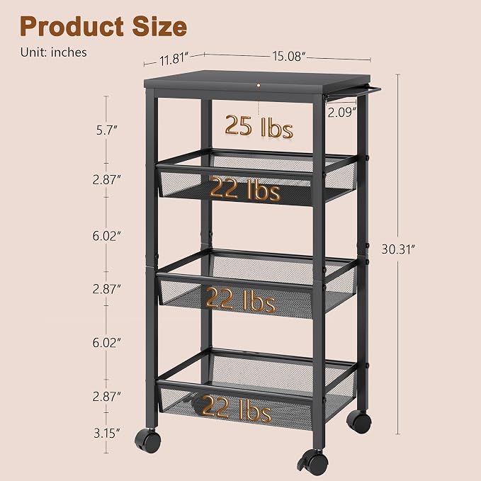 Hoctieon Rolling Storage Cart, 4-Tier Wide Panel Rolling Kitchen Storage Cart - Image 9