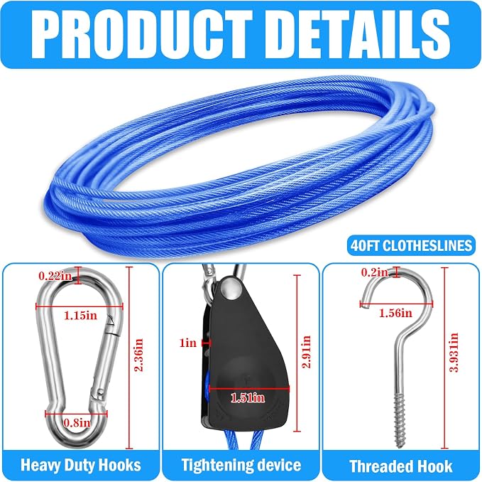 40ft Clothes Line Outdoors 3/16" Wire Ropes Blue PVC Coating Laundry Drying - Image 3