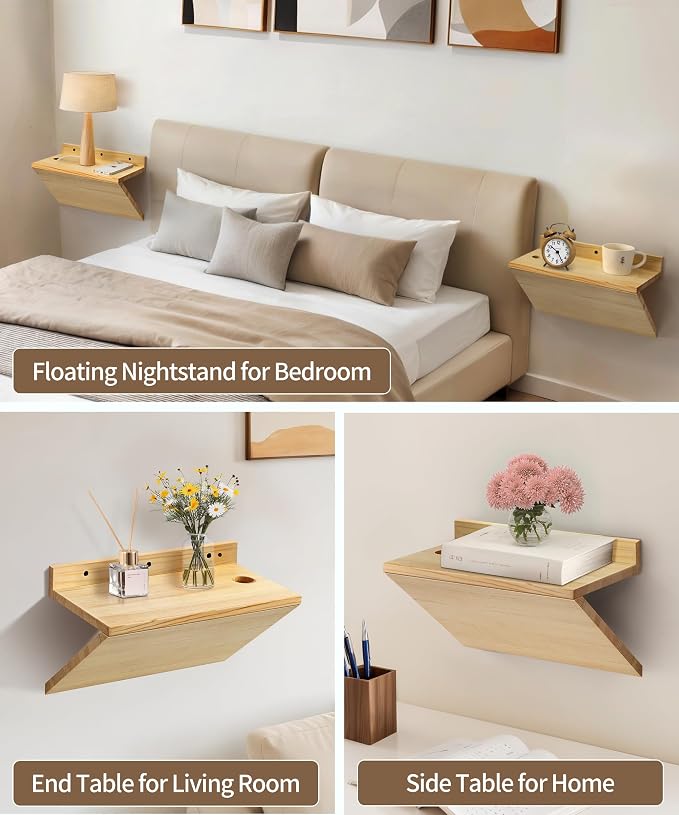 Floating Nightstand, Rustic Wooden Floating Bedside Table Z-Shape Wall Mounted - Image 4