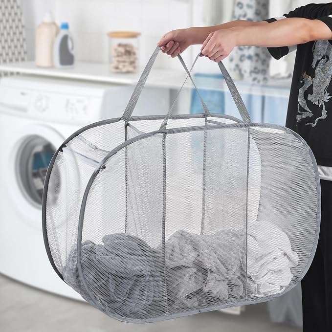 Mesh Popup Laundry Hamper 3 Compartment Sortable Horizontal Collapsible Laundry - Image 2