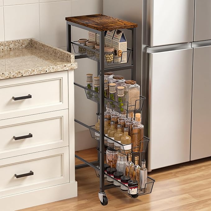 Slim Rolling Cart, 5-Tier Storage Cart, 9.1inch Narrow Kitchen Rolling Cart on by HONESTOUTFITTERS