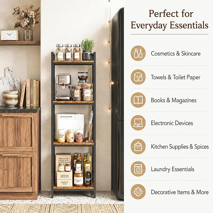 BYFU 4 Tier Bathroom Storage Open Shelf Rustic Brown Metal Corner Rack | 46.1" - Image 5