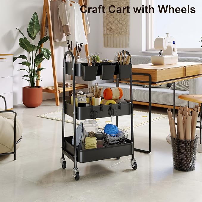 3 Tier Metal Rolling Cart with Lockable Wheels, Diaper Caddy - Image 5