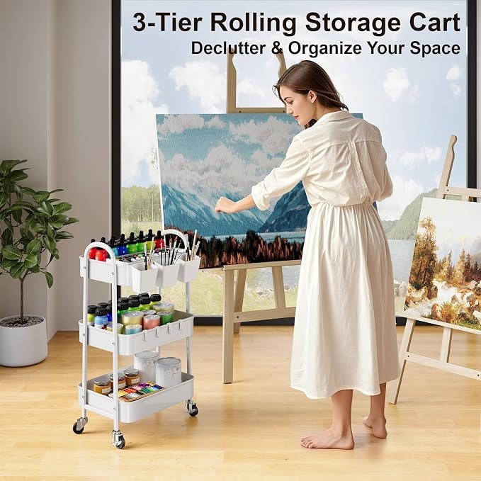3 Tier Heavy Duty White Metal Rolling Cart - Image 2