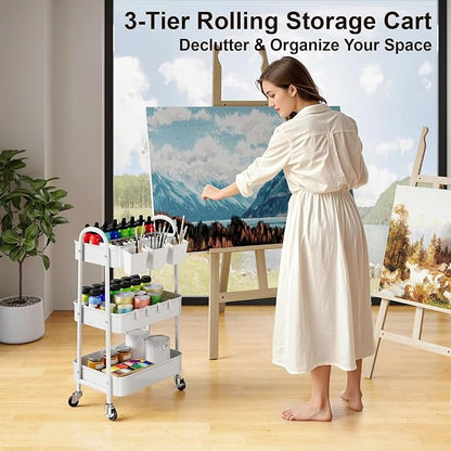 3 Tier Heavy Duty White Metal Rolling Cart - Image 2