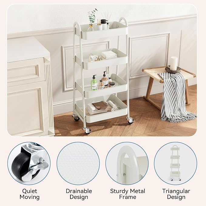 OLIXIS Metal 4 Tiers Utility Rolling Cart, Mobile Storage Shelf - Image 2