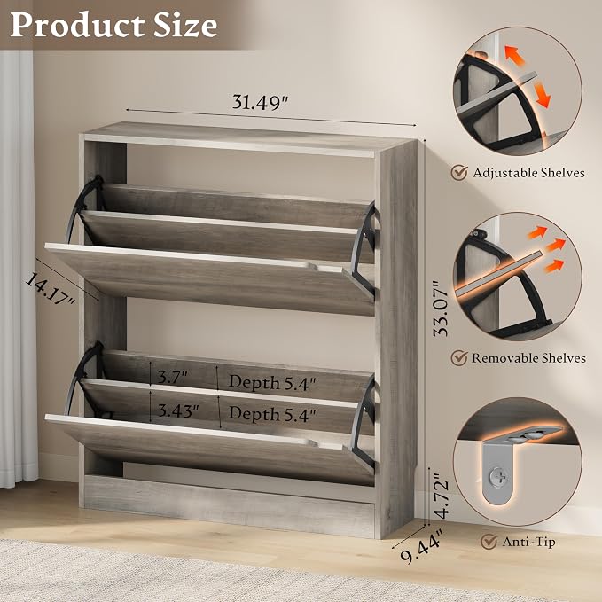 BORNOON Shoe Cabinet with 2 Flip Drawers, Slim Narrow Shoe Storage Cabinet - Image 2