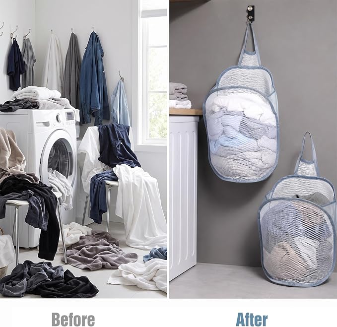 3 Pack Mesh Hanging Laundry Hamper, Small Foldable Laundry Baskets | Wall - Image 5