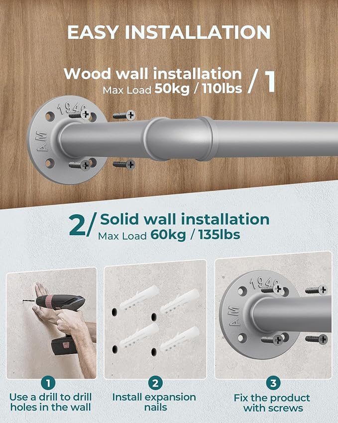 OROPY Industrial Pipe Clothes Rack Wall Mounted Set of 2, 38.4 inches Heavy - Image 5