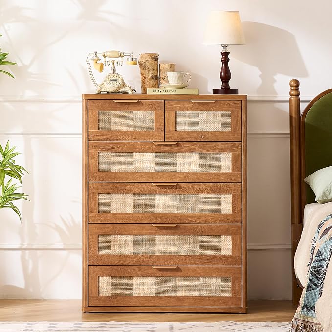 LEYAOYAO Rattan Dresser for Bedroom Set of 2, Modern 6 Drawers Boho Dressers - Image 6