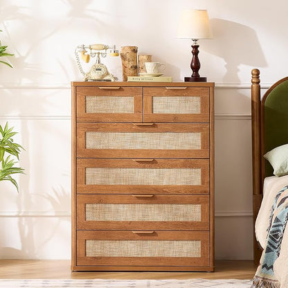 LEYAOYAO Rattan Dresser for Bedroom Set of 2, Modern 6 Drawers Boho Dressers - Image 6