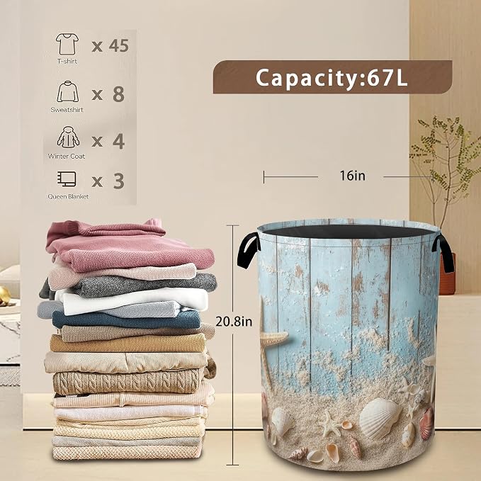 Large Laundry Basket, Beach Seashell Starfish Collapsible Laundry Baskets - Image 3