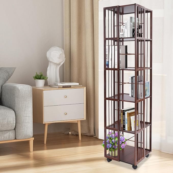 Rotating Bookshelf Tower, 360 Display 6 Tier Spinning Bookcase, Bamboo - Image 4