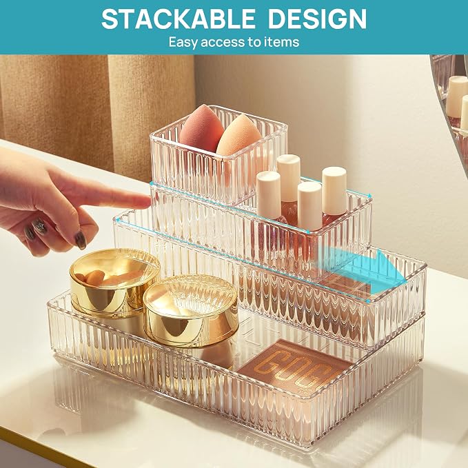Vtopmart 7 PCS Clear Drawer Organizers Bins, 4-Size Stackable Makeup and Vanity - Image 2