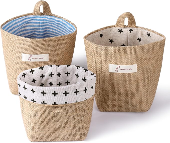 3 PCS Mini Hanging Storage Bag Cotton Linen Small Storage Basket Wall Hanging by DTLIFEK