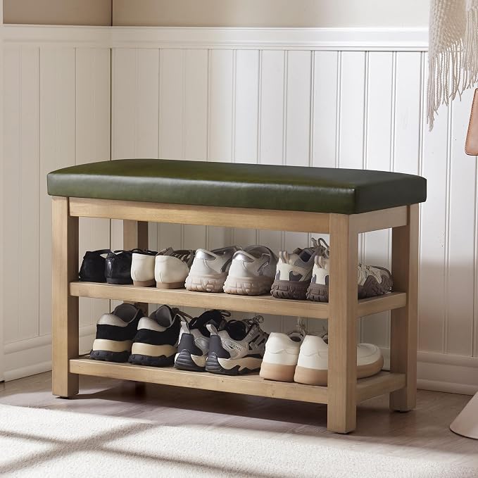 Zihanhome Shoe Rack Bench with Leather Cushion, 2 Tier Solid Wood Storage Bench by Zihanhome
