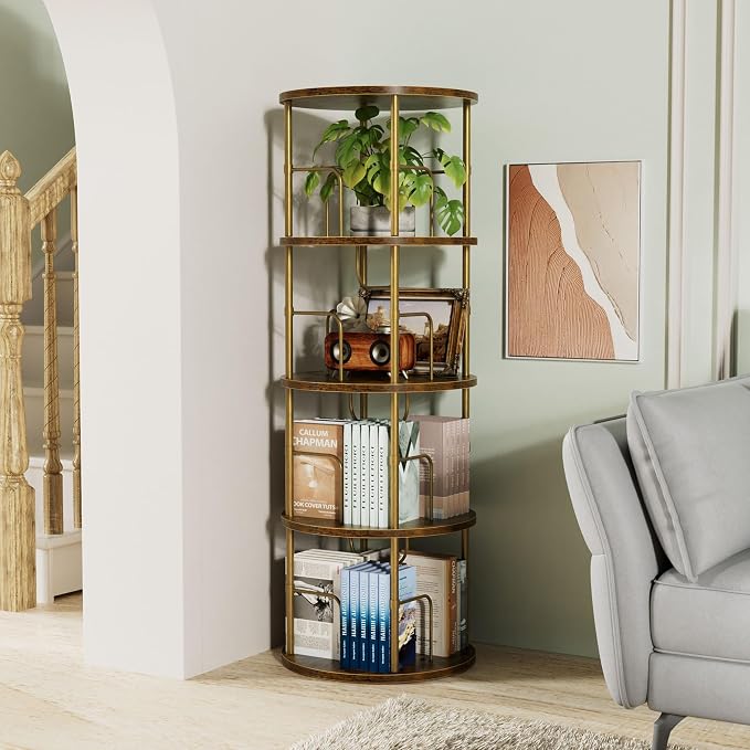Flycity 4 Tier Rotating Bookshelf, 360° Corner Bookshelf Tower, Round Revolving - Image 4