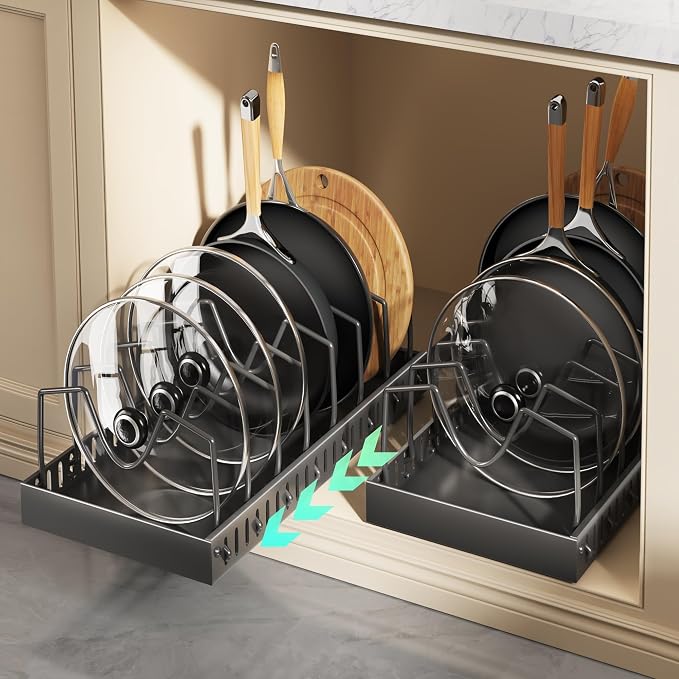 Pull Out Pots and Pans Organizer Under Cabinet, Sliding Lid Holder and Pan Rack by Lozovincablemanagementtray