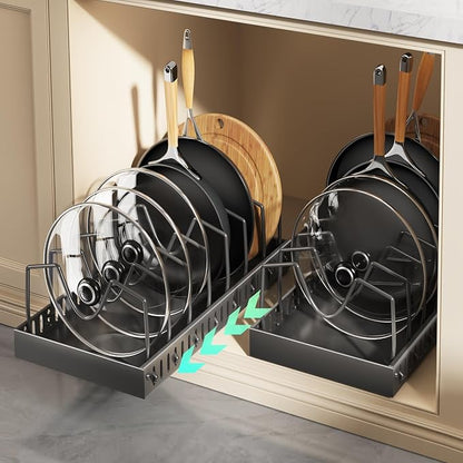 Pull Out Pots and Pans Organizer Under Cabinet, Sliding Lid Holder and Pan Rack by Lozovincablemanagementtray