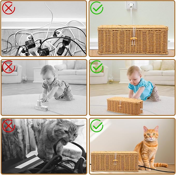 Cable Management Box, Handmade Imitation Rattan Cord Cable Organizer, Open - Image 7