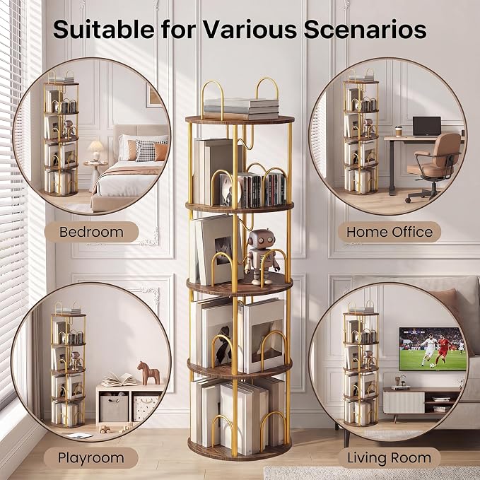 4 Tier Rotating Bookshelf, 360° Spinning Bookshelf Tower, Narrow Corner Book - Image 7