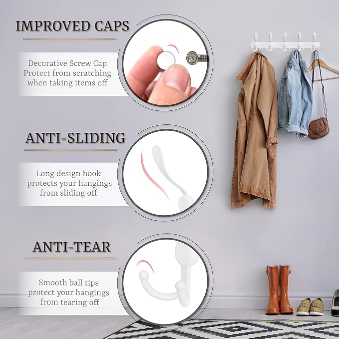 Coat Rack Wall Mount with 5 Tri Hooks, Stainless Steel 16 Inch – White Matte - Image 3