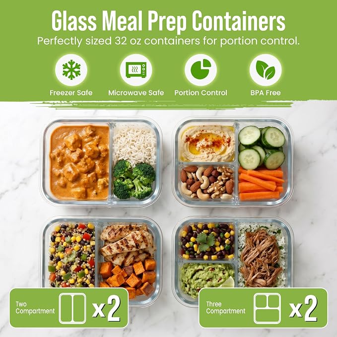 FIT Strong & Healthy Glass Meal Prep Containers, 2 & 3 Compartments - Image 5
