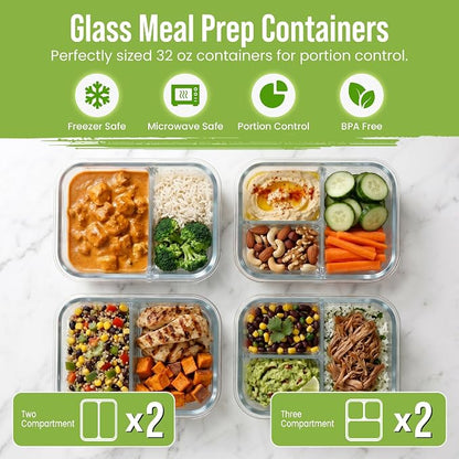 FIT Strong & Healthy Glass Meal Prep Containers, 2 & 3 Compartments - Image 5